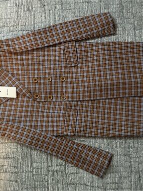 Wales Bonner Double-Breasted Plaid Blazer in Brown and Blue